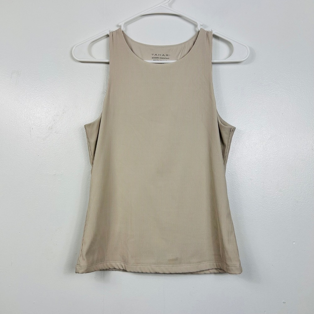 Tahari Tank Top Womens Small Beige Ribbed Sleeveless Modern Essentials Crew Neck